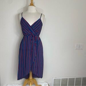 Fig & Olive Women's Blue Red Stripe High Low Elastic Waist Tie Midi Dress Size S